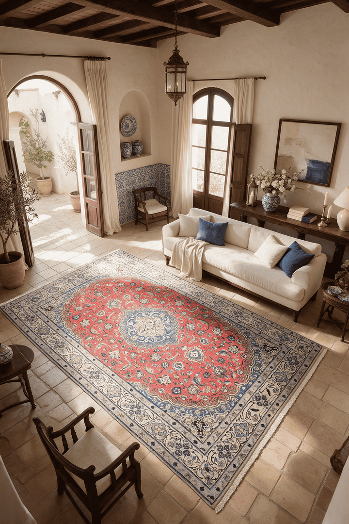 Medallion detail in coral on Persian Nain rug