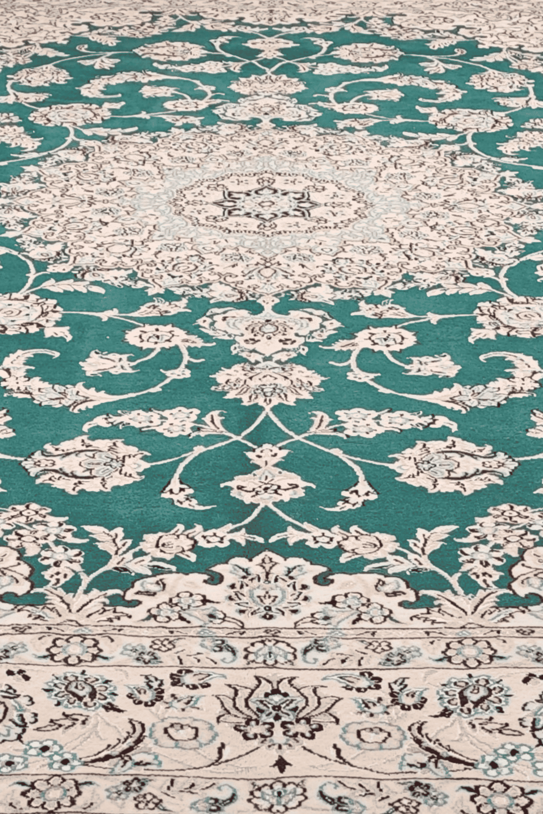 Teal medallion Nain rug detail, Persian wool