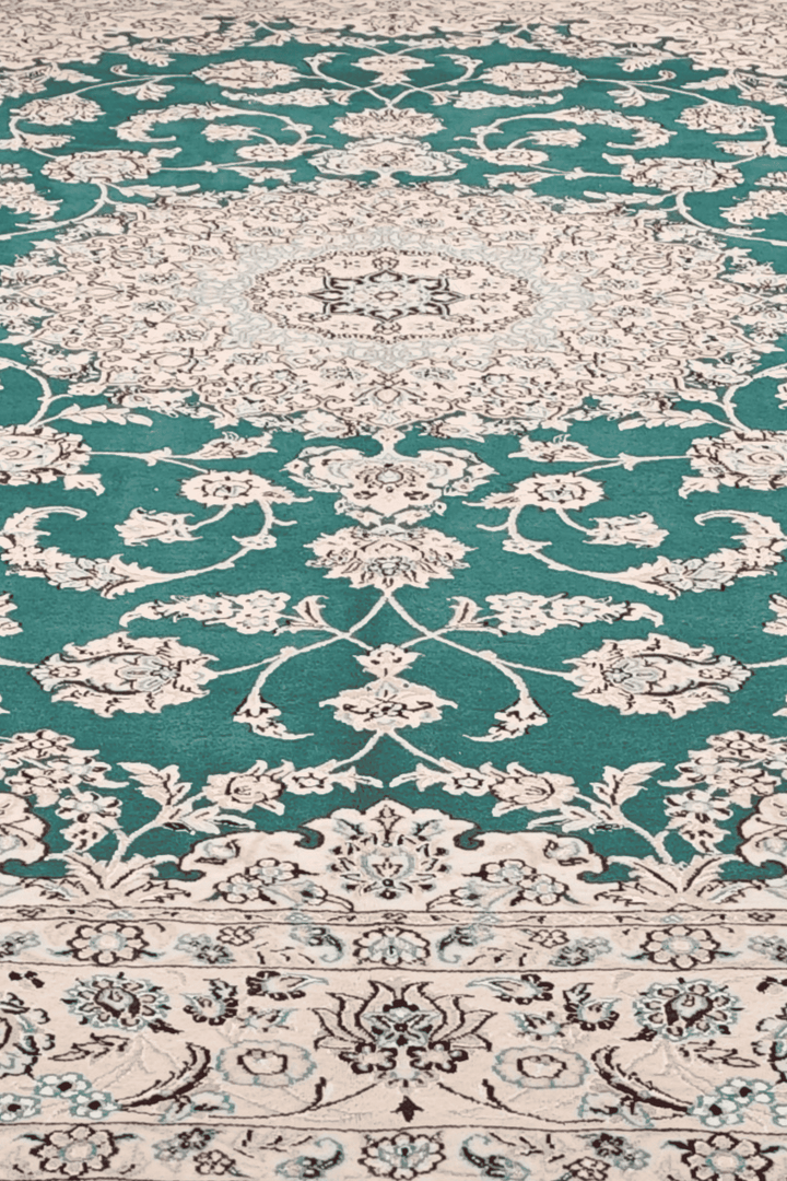 Teal medallion Nain rug detail, Persian wool
