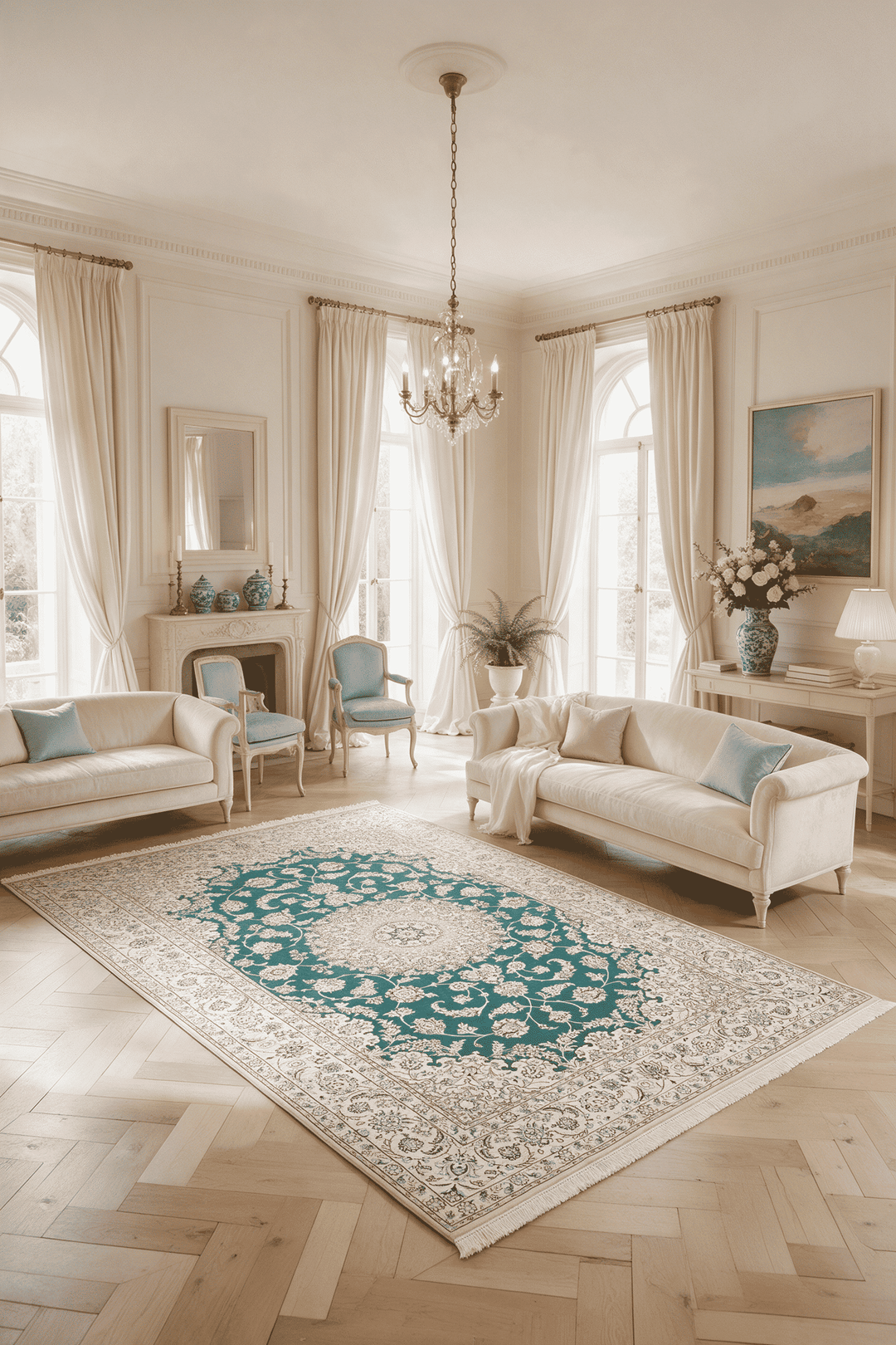 Medallion detail in teal on Persian Nain rug