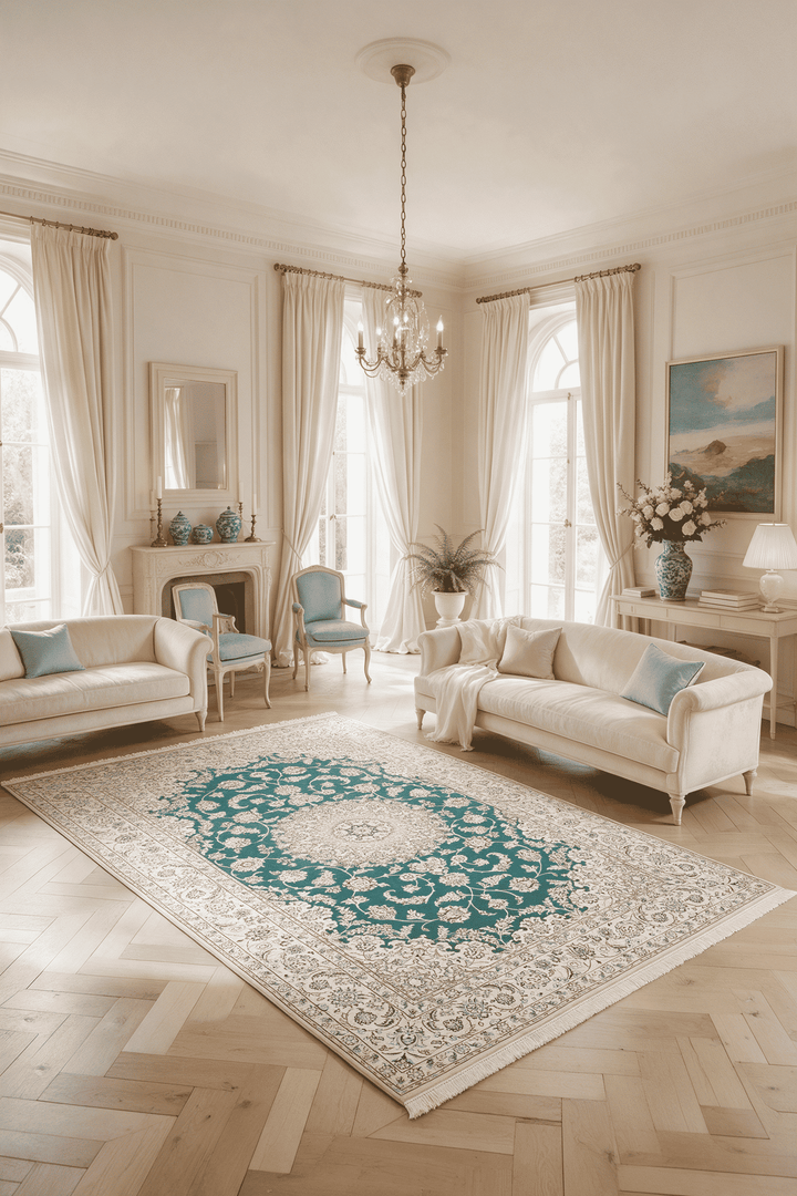 Medallion detail in teal on Persian Nain rug