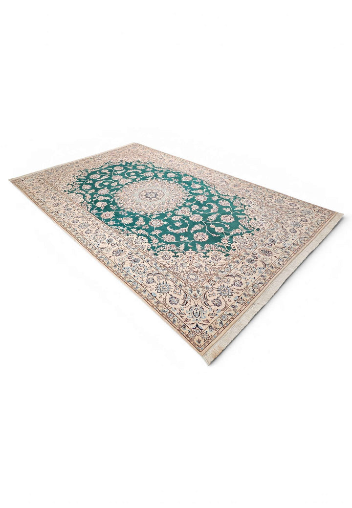 One-of-a-kind teal medallion Persian Nain rug