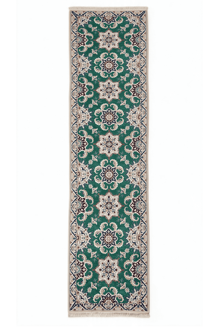 Teal and ivory star medallion Nain runner, 99×435cm, extra long