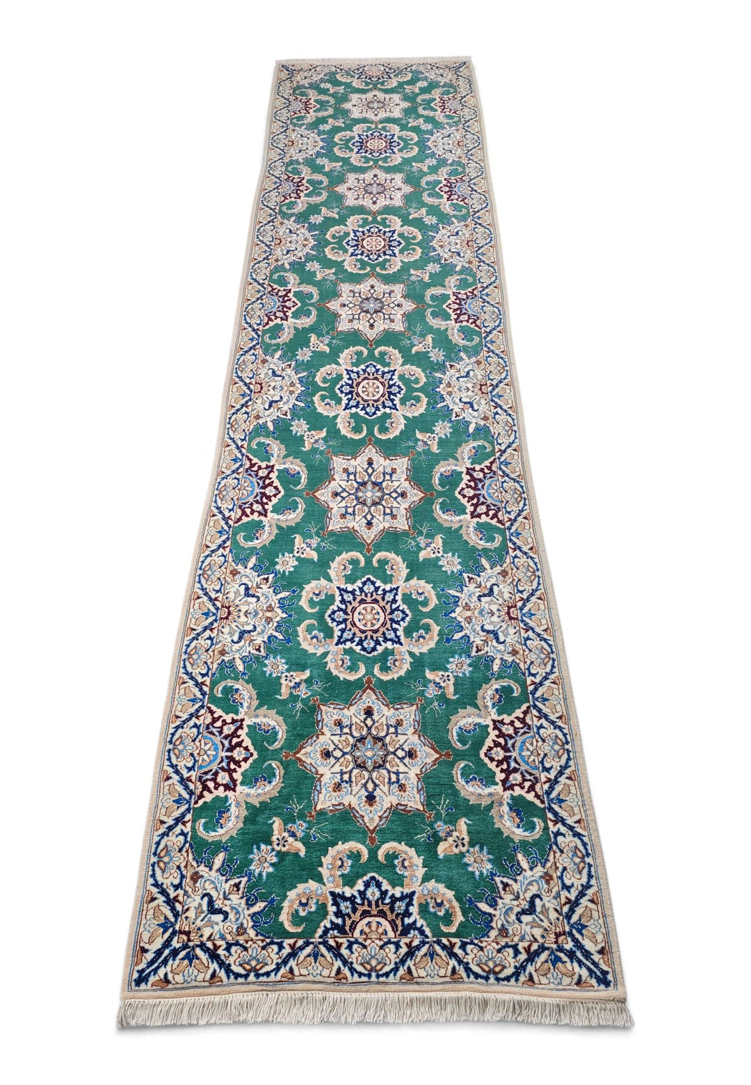 Border detail of teal ivory Nain hand-knotted runner