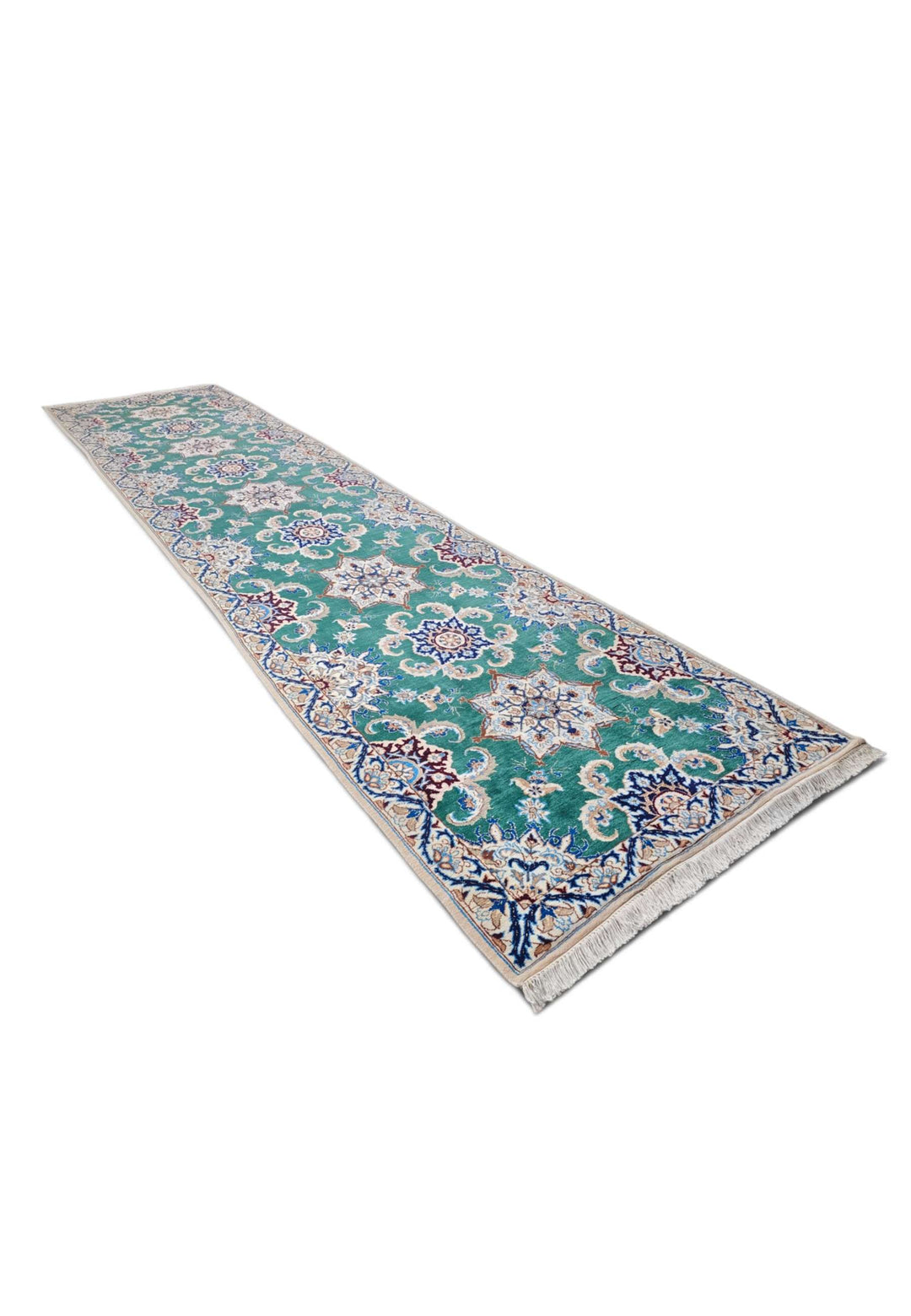 Teal ivory Nain runner 99×435cm, Persian craftsmanship