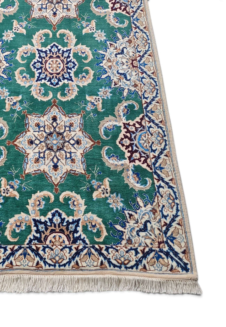 Teal star medallion Nain Persian runner, hand-knotted