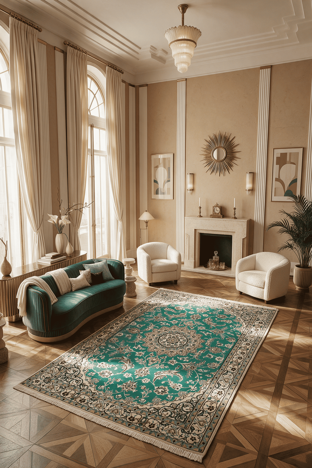 Medallion detail in emerald green on Persian Nain rug