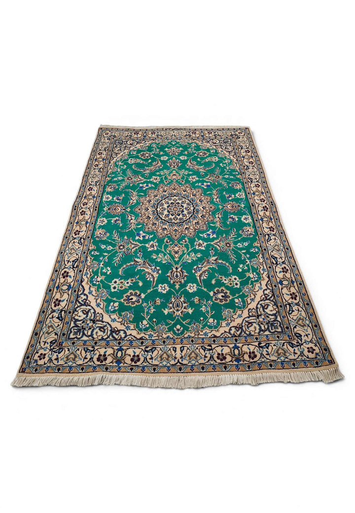 Hand-knotted wool pile of emerald Nain rug, 109×175cm