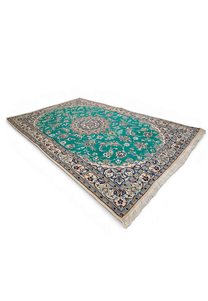 One-of-a-kind emerald green medallion Persian Nain rug