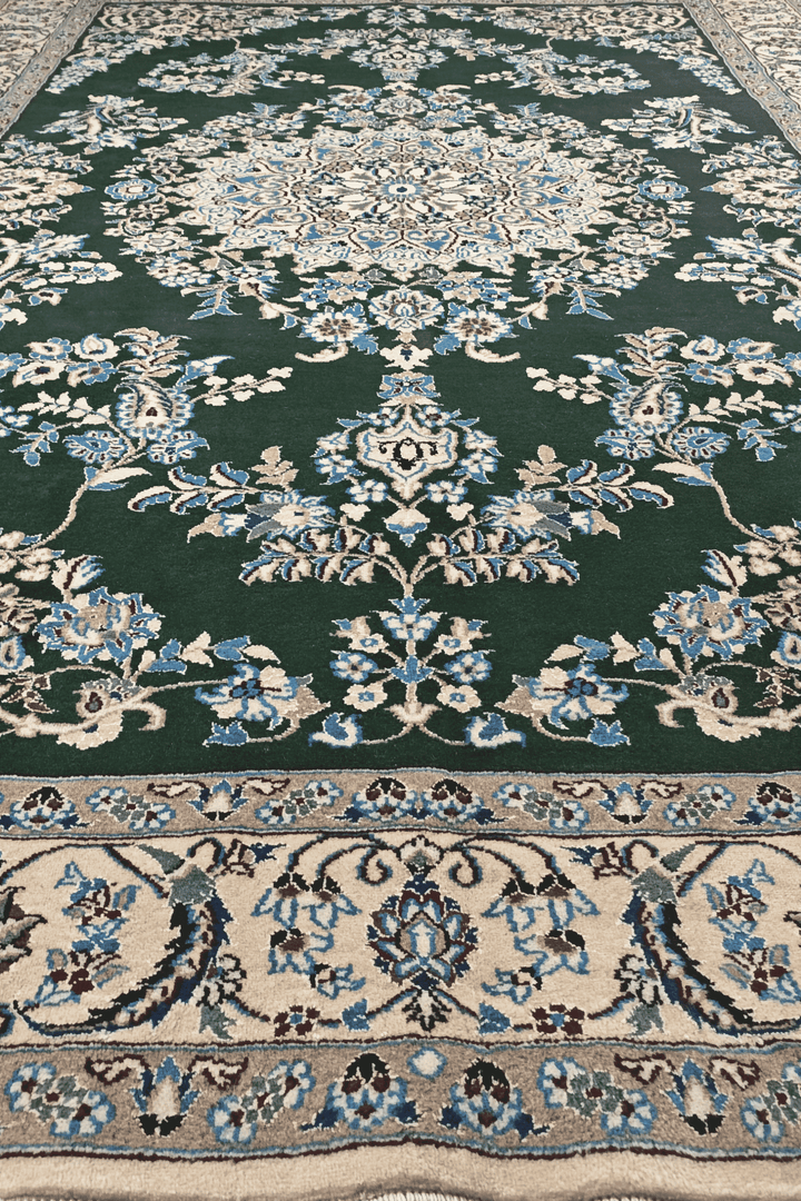 Forest green medallion Nain rug detail, Persian wool