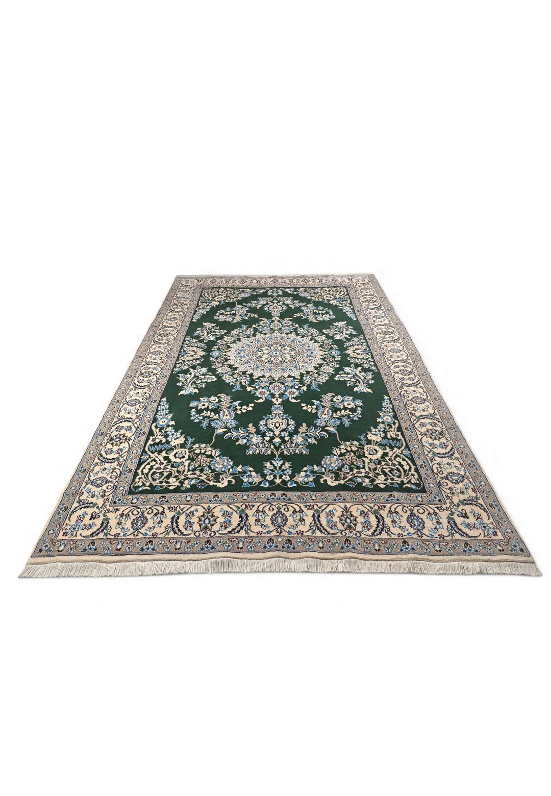 Hand-knotted wool pile of forest green Nain rug, 199×306cm
