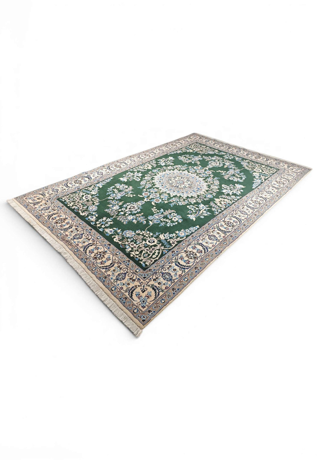 One-of-a-kind forest green medallion Persian Nain rug