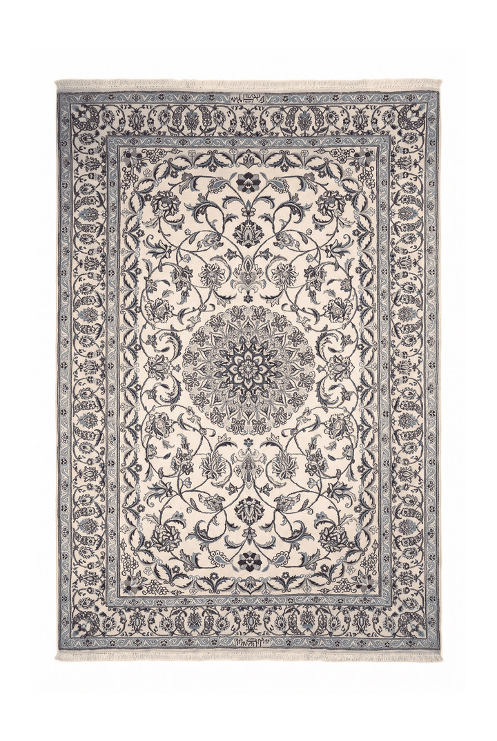 Ivory and blue floral Nain rug, 200×300cm, about 4.5 tatami