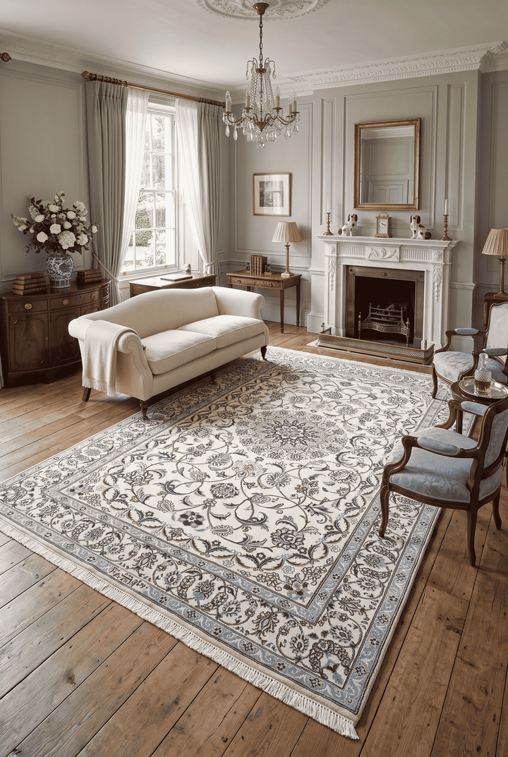 Floral detail in ivory and blue on Persian Nain rug