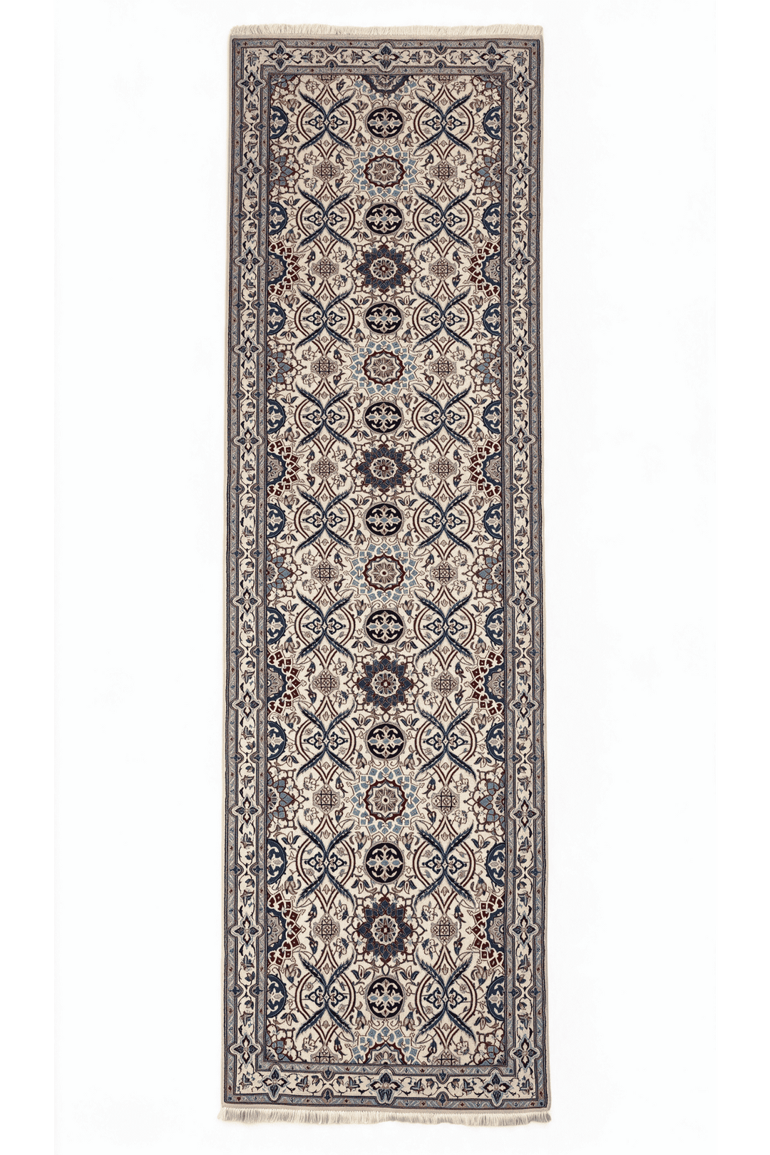 Ivory and blue lattice medallion Nain runner, 109×400cm