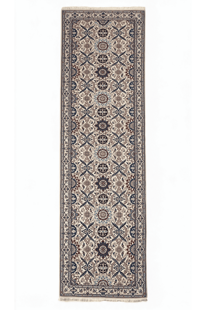 Ivory and blue lattice medallion Nain runner, 109×400cm