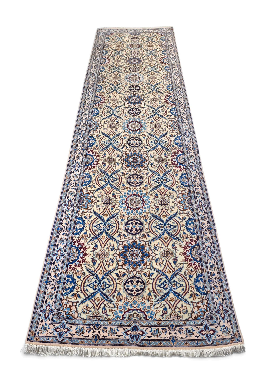 Border detail of ivory blue Nain hand-knotted runner