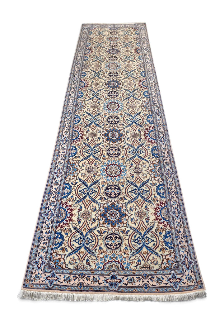 Border detail of ivory blue Nain hand-knotted runner