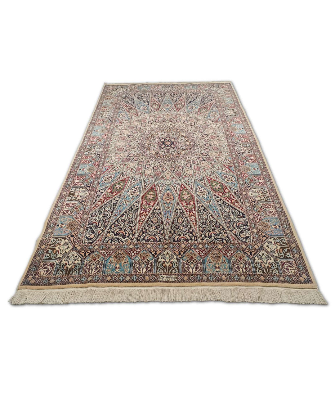 Border detail of ivory blue Gonbad Nain rug