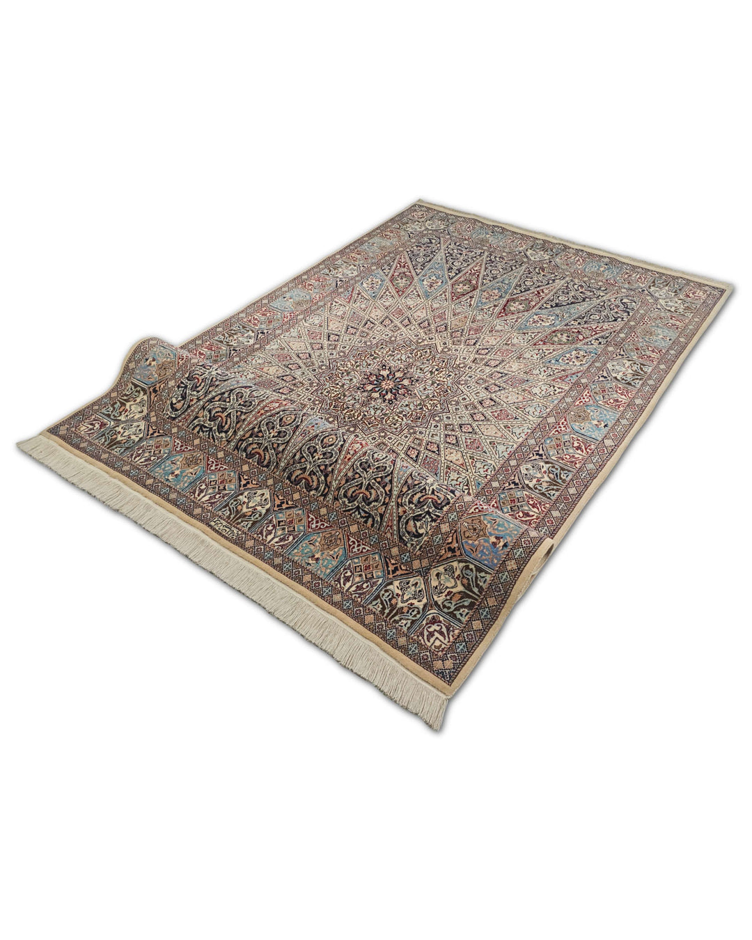 One-of-a-kind ivory and blue Gonbad dome Persian Nain rug