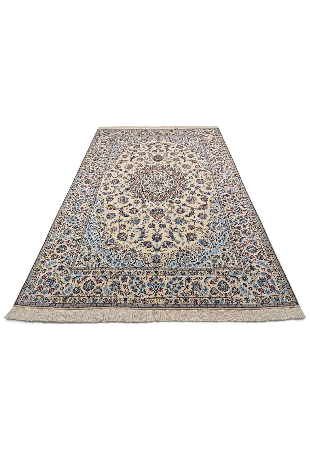 Border detail of sandstone blue Nain hand-knotted rug