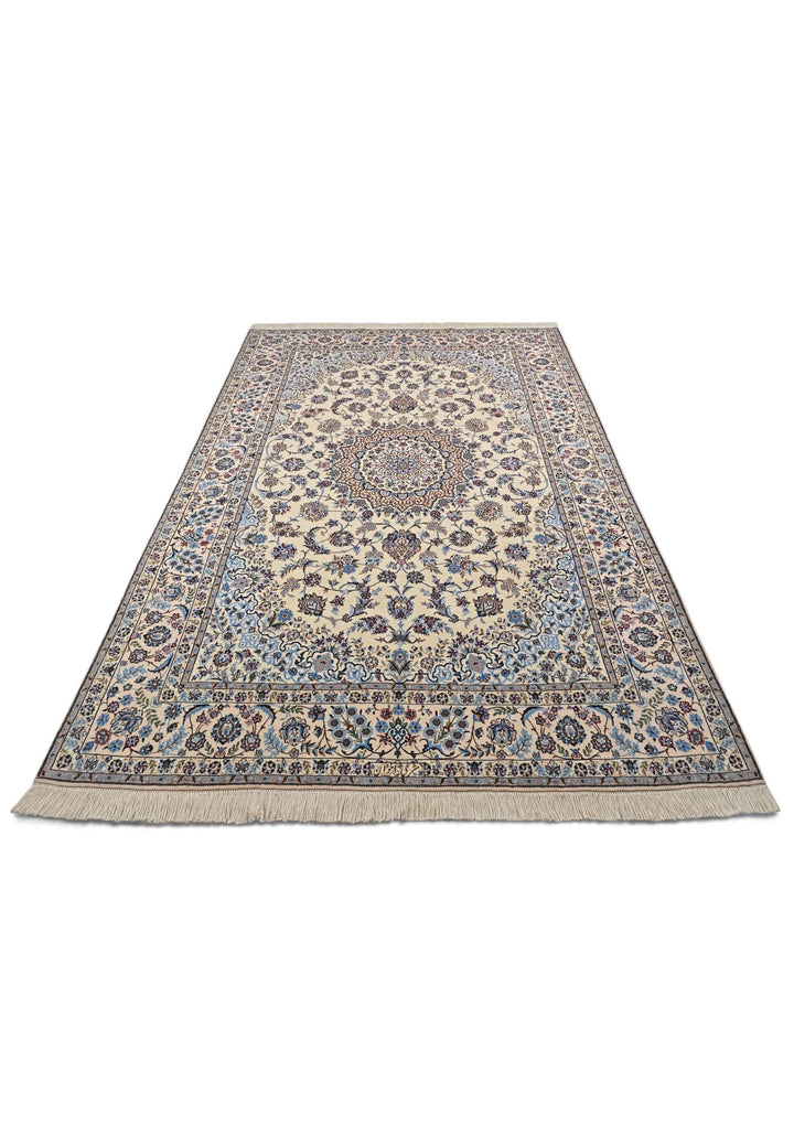 Border detail of sandstone blue Nain hand-knotted rug