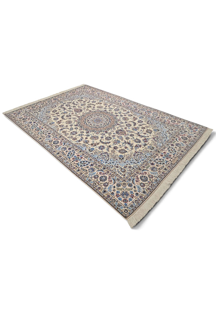 Sandstone and blue Nain rug for a bedroom, about 2 tatami