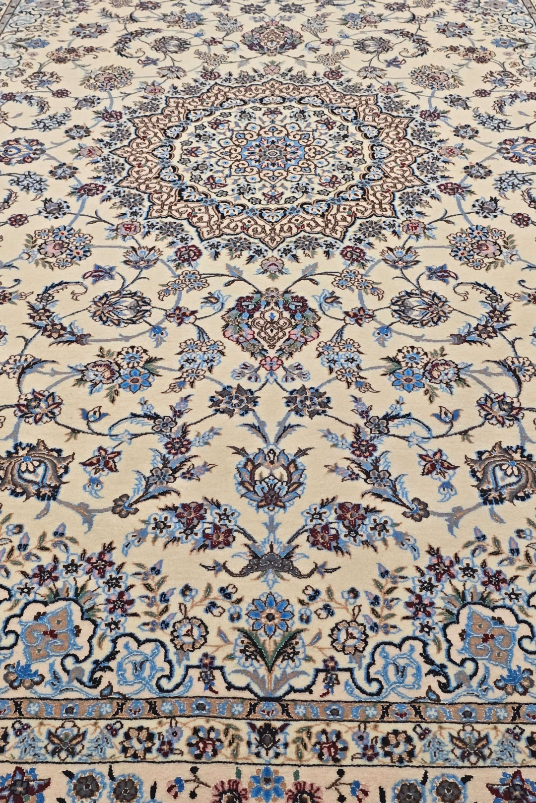 One-of-a-kind sandstone and blue medallion Persian Nain rug
