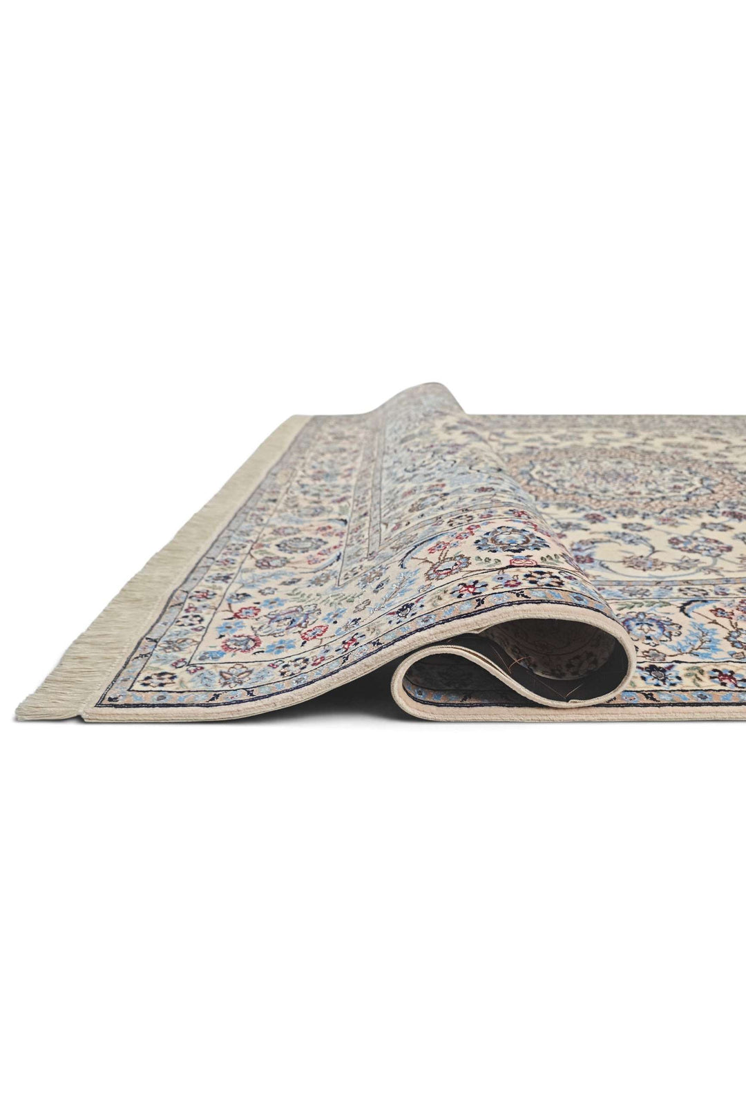 Corner of sandstone blue Nain hand-knotted rug