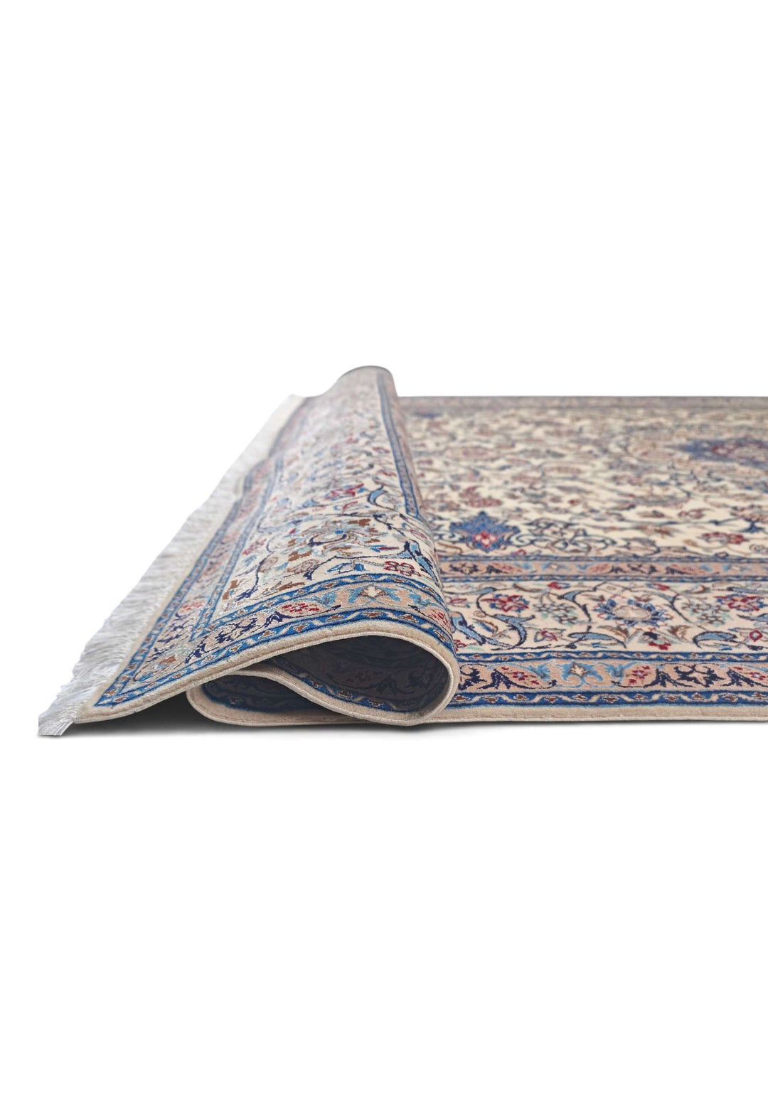 Fringe of ivory and blue star Persian Nain rug