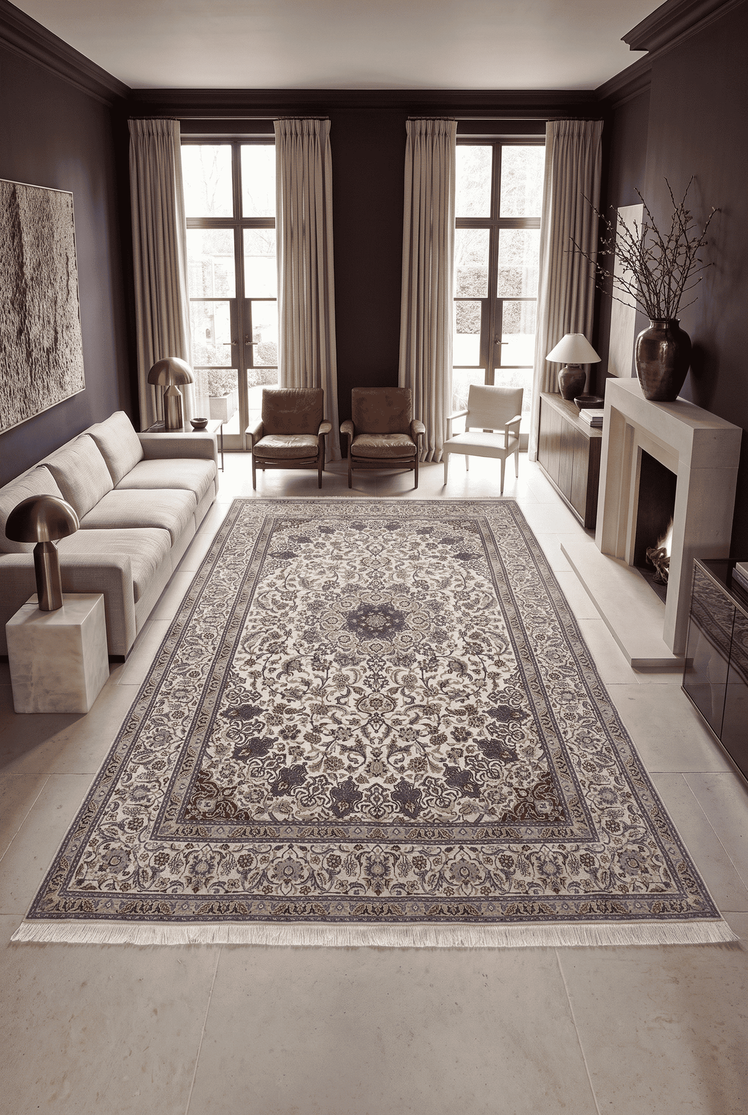 Star medallion detail in ivory and blue on Persian Nain rug