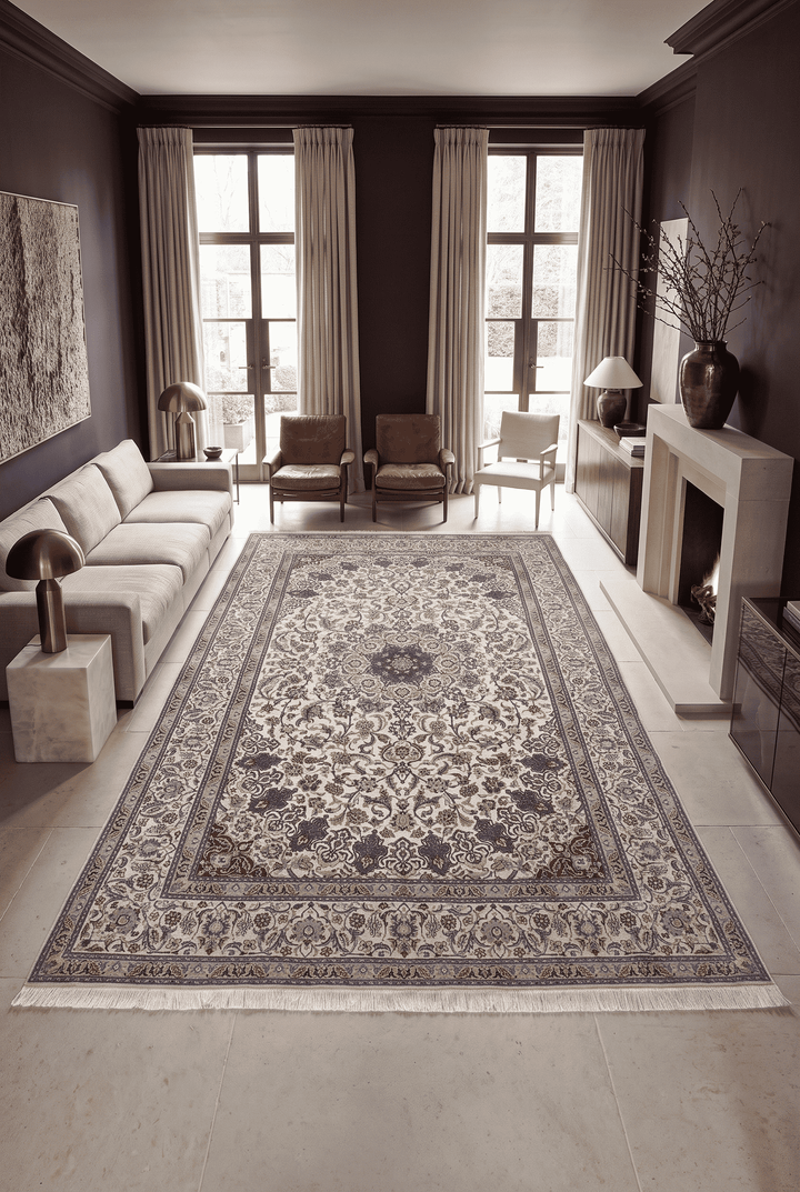 Star medallion detail in ivory and blue on Persian Nain rug