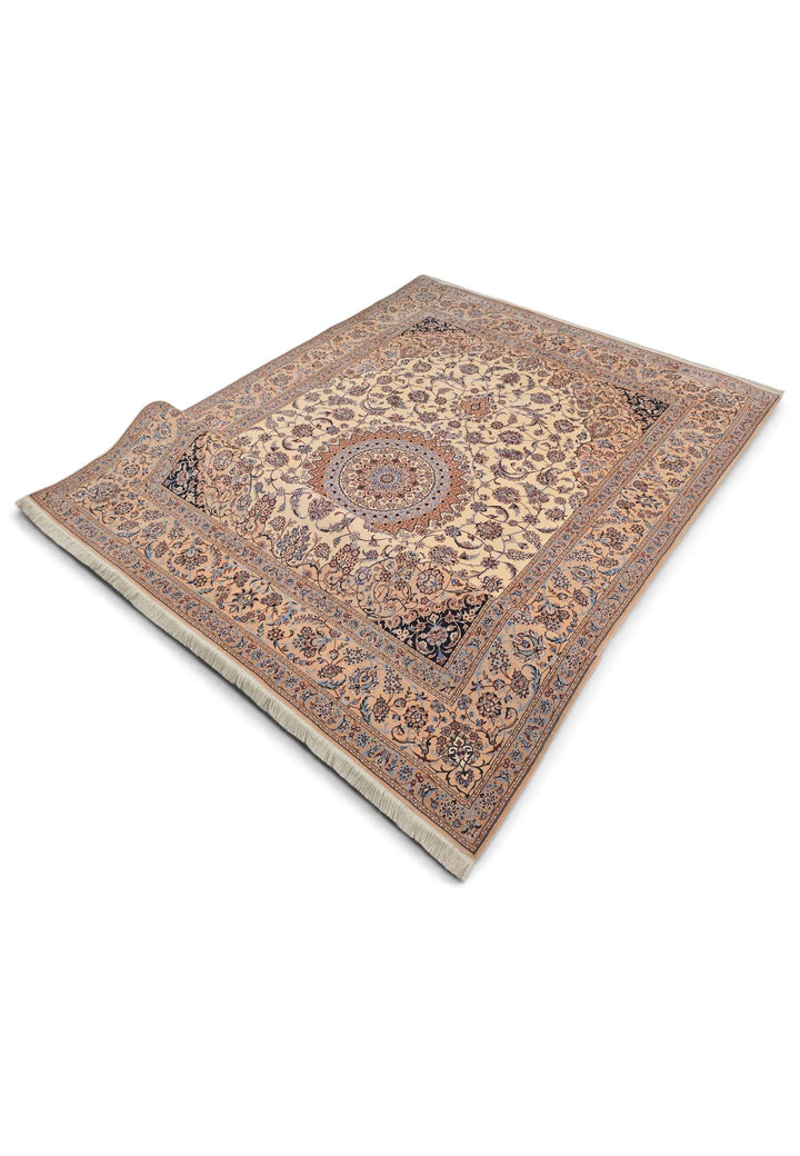 One-of-a-kind ivory and camel medallion Persian Nain rug