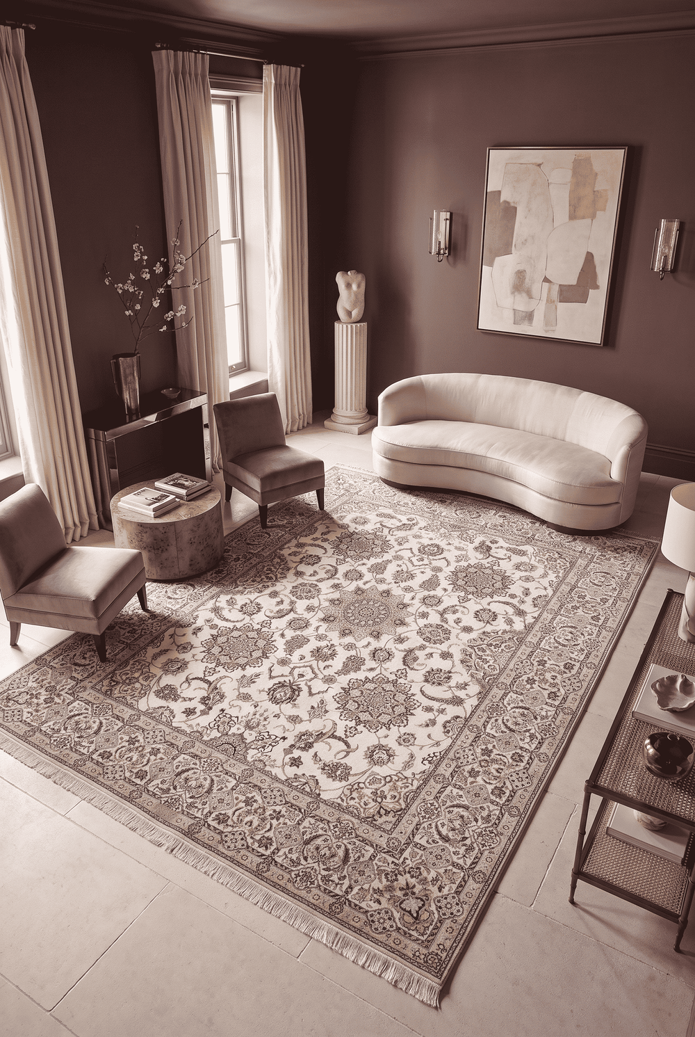 Five medallion and boteh detail in ivory and beige on Nain rug