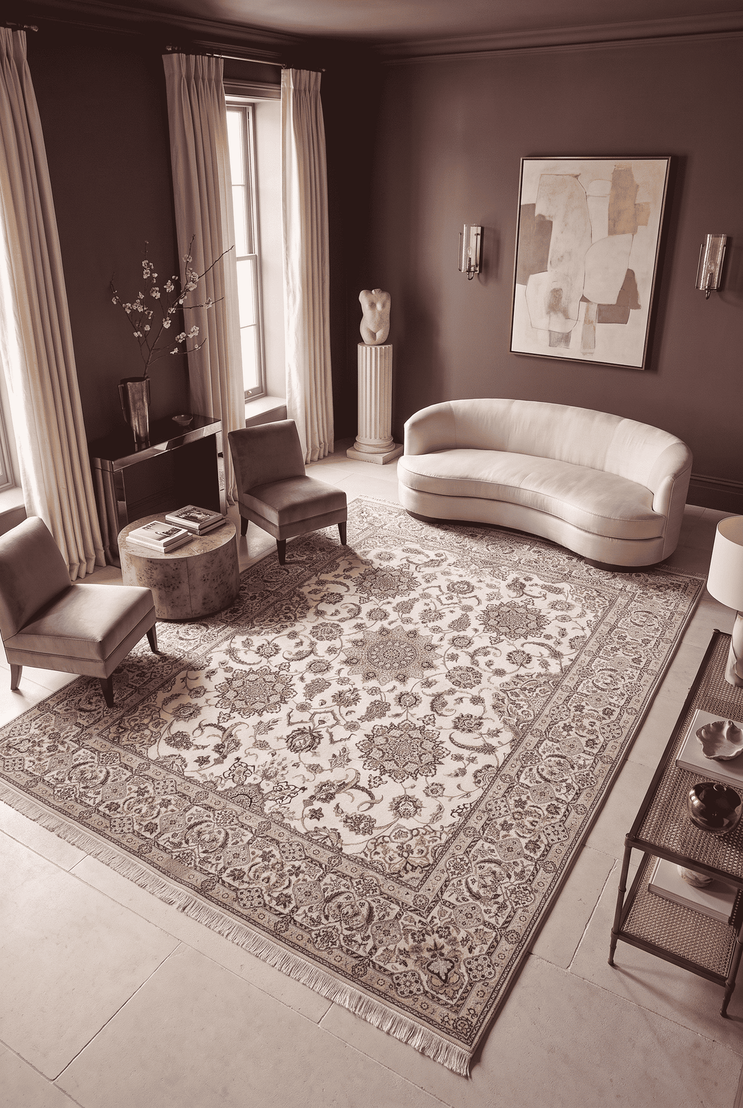 Five medallion and boteh detail in ivory and beige on Nain rug