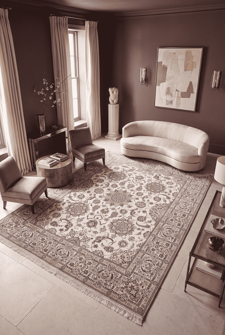 Five medallion and boteh detail in ivory and beige on Nain rug