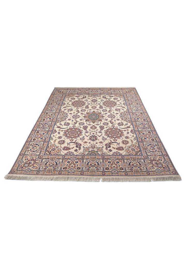 Hand-knotted wool pile of ivory beige Nain rug, 199×234cm