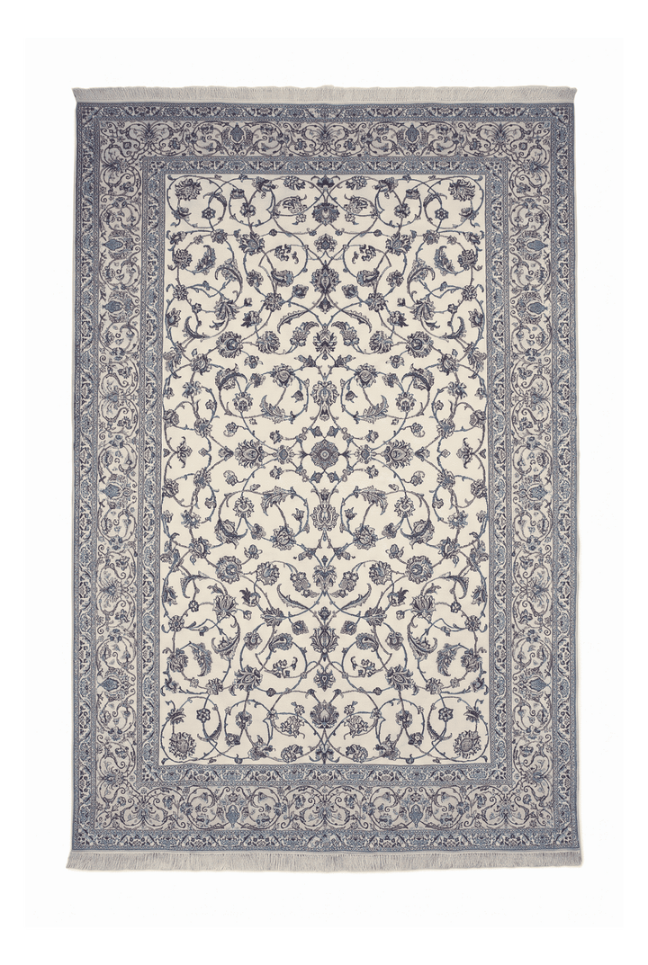 Ivory and blue all-over arabesque Nain rug, 204×313cm, 4.5 tatami