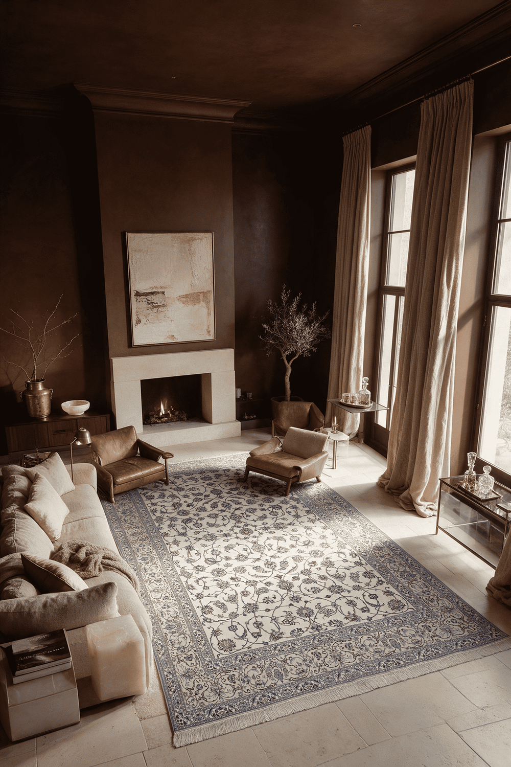 Arabesque field detail in ivory and blue on Persian Nain rug