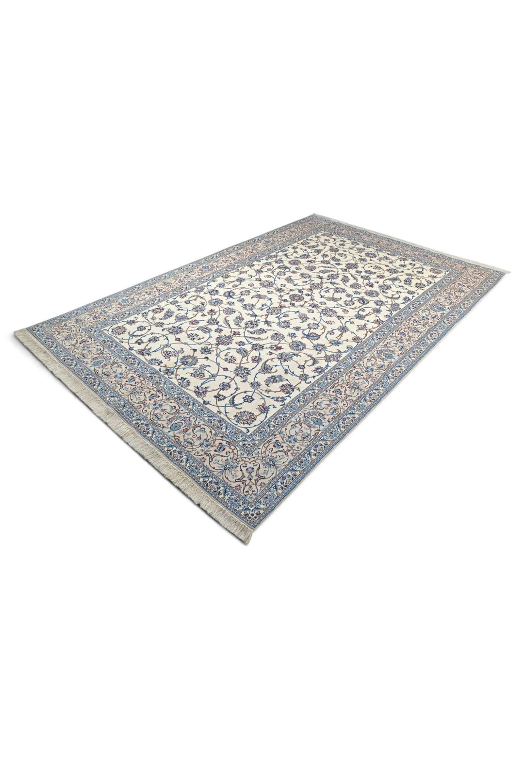 Ivory blue arabesque Nain rug 204×313cm, Persian craftsmanship