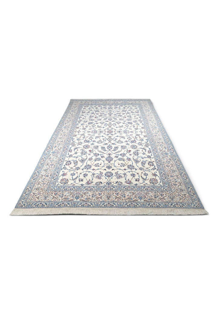 One-of-a-kind ivory and blue arabesque Persian Nain rug