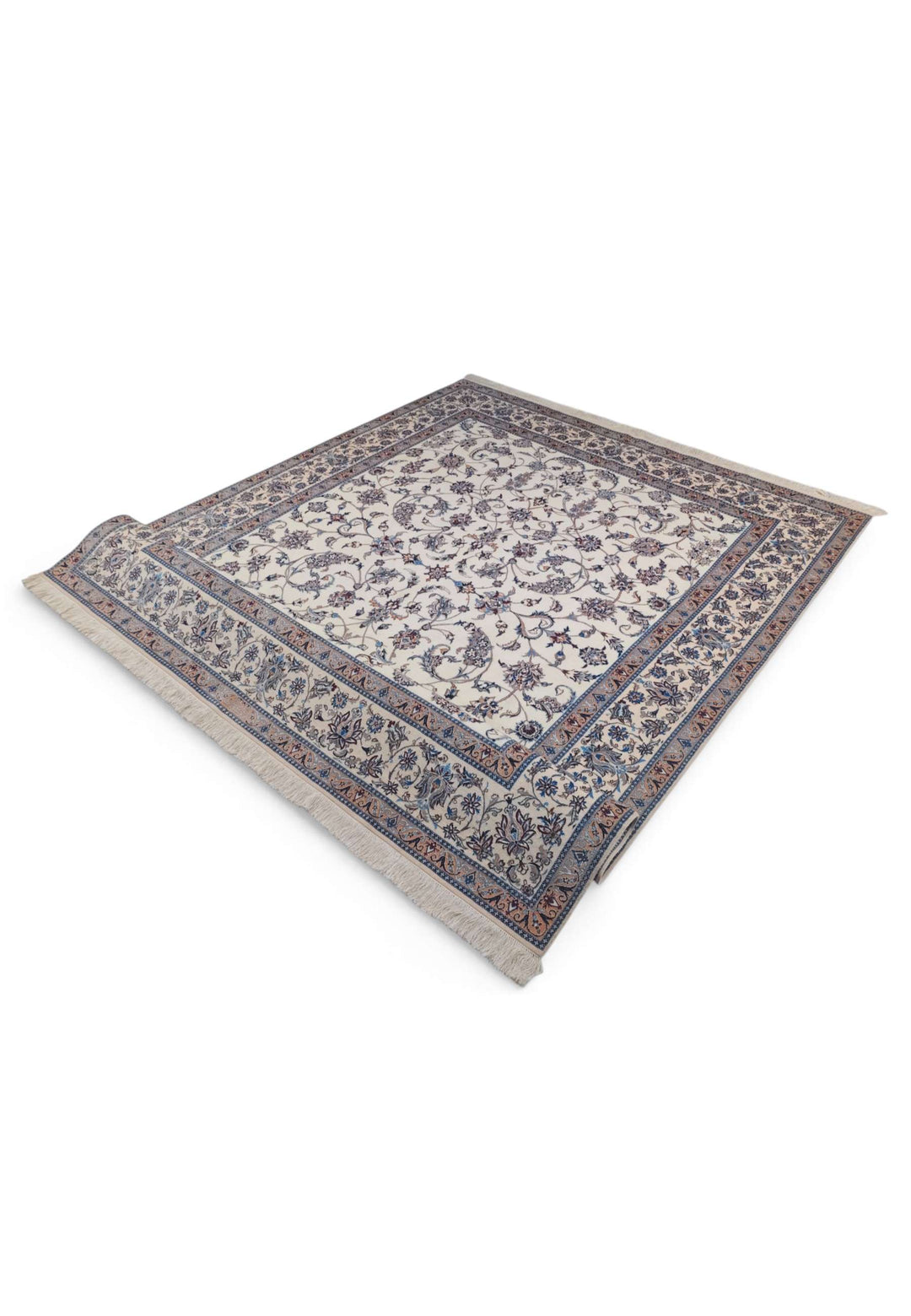 Fringe of ivory and salmon arabesque Persian Nain rug