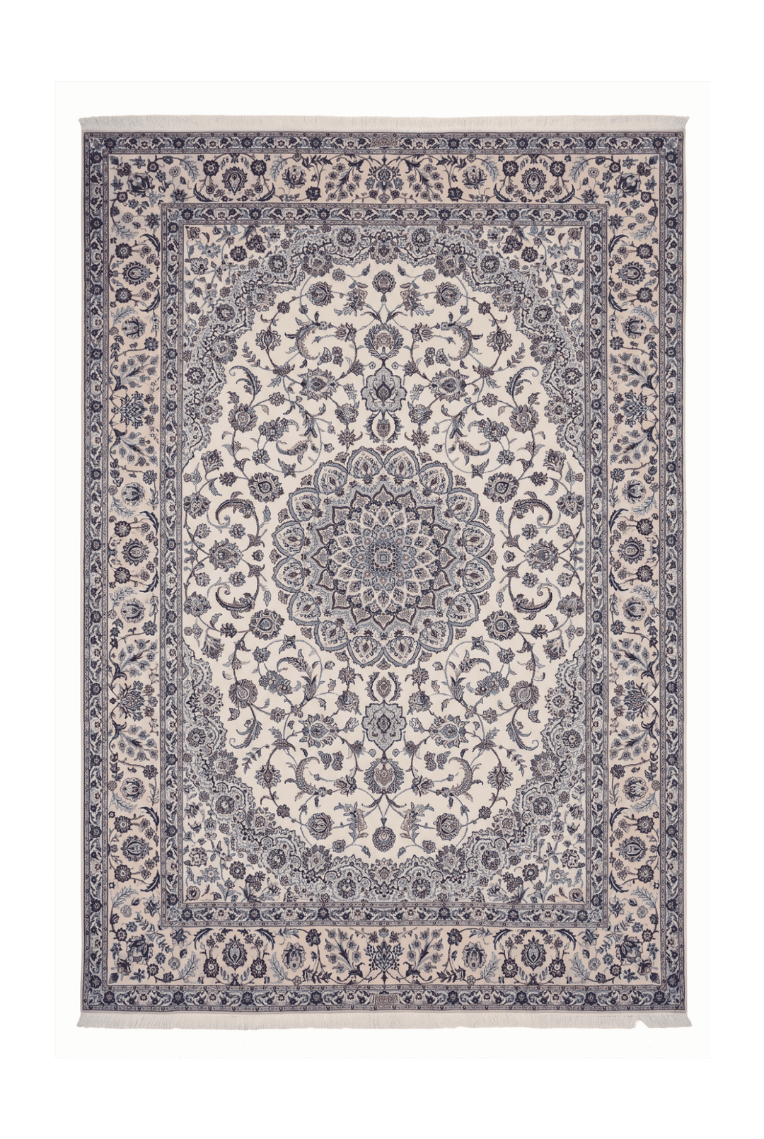 Ivory and blue medallion Nain rug with bird border, 200×310cm, signed