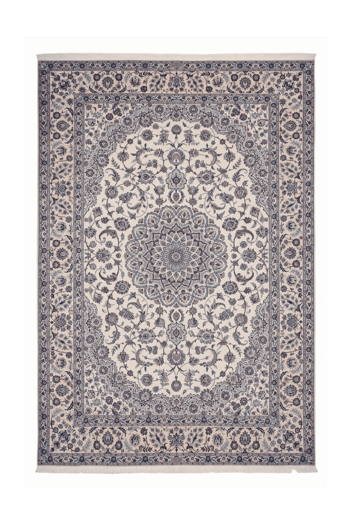Ivory and blue medallion Nain rug with bird border, 200×310cm, signed