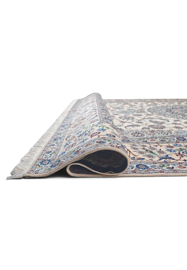 Fringe of signed bird border Persian Nain rug