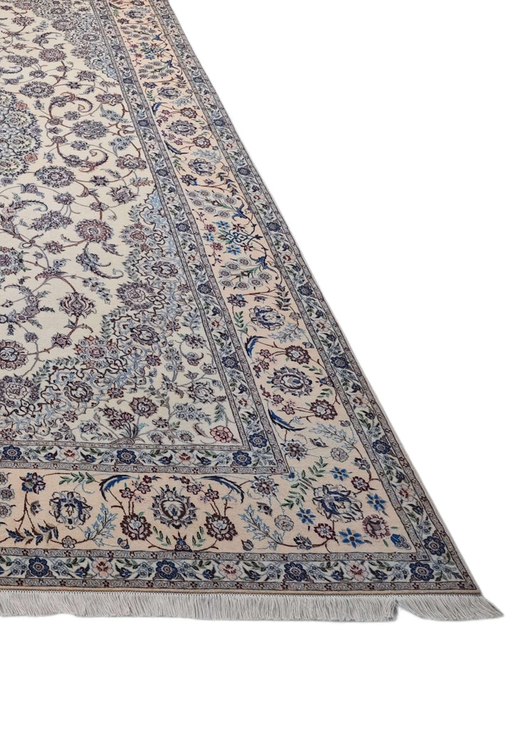Ivory and blue bird border Nain Persian rug, hand-knotted