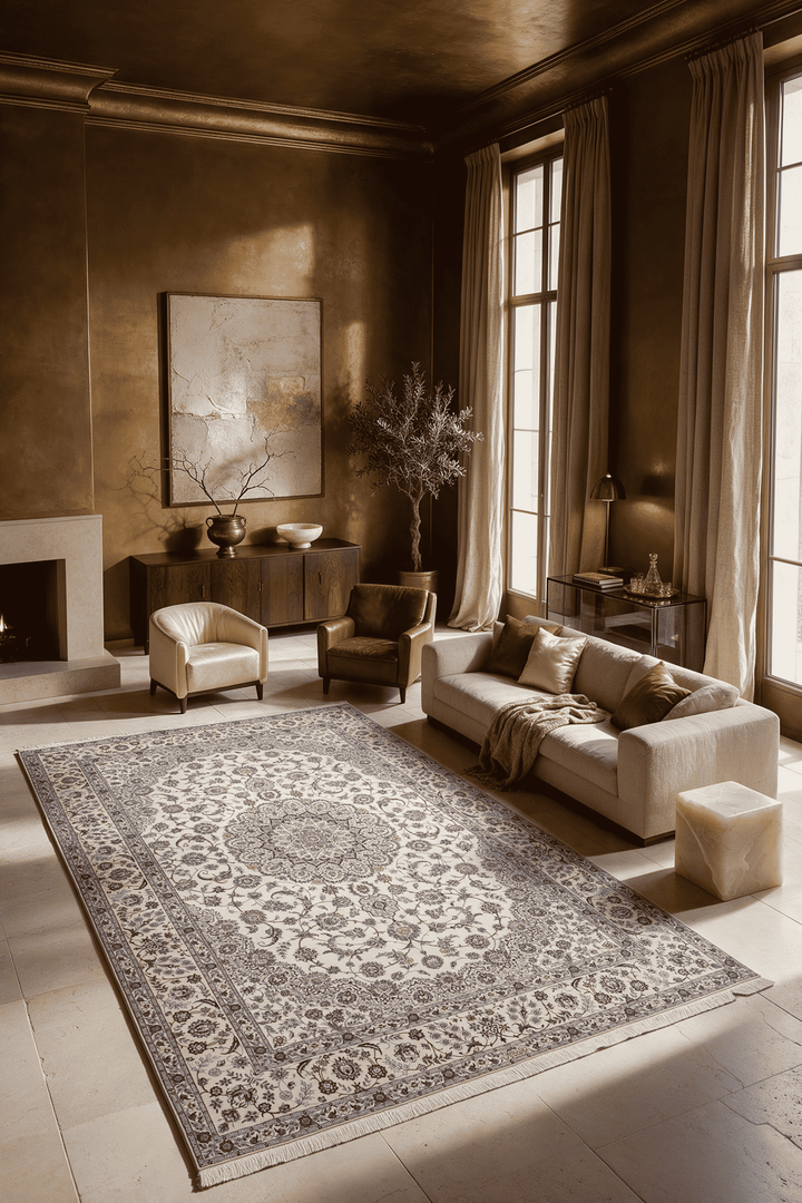 Bird border detail in ivory and blue on Persian Nain rug