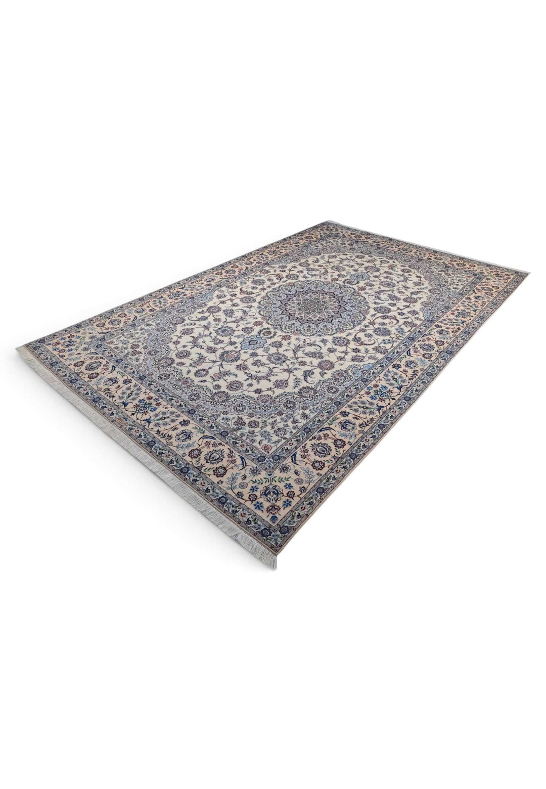 Ivory blue bird border Nain rug 200×310cm, Persian craftsmanship