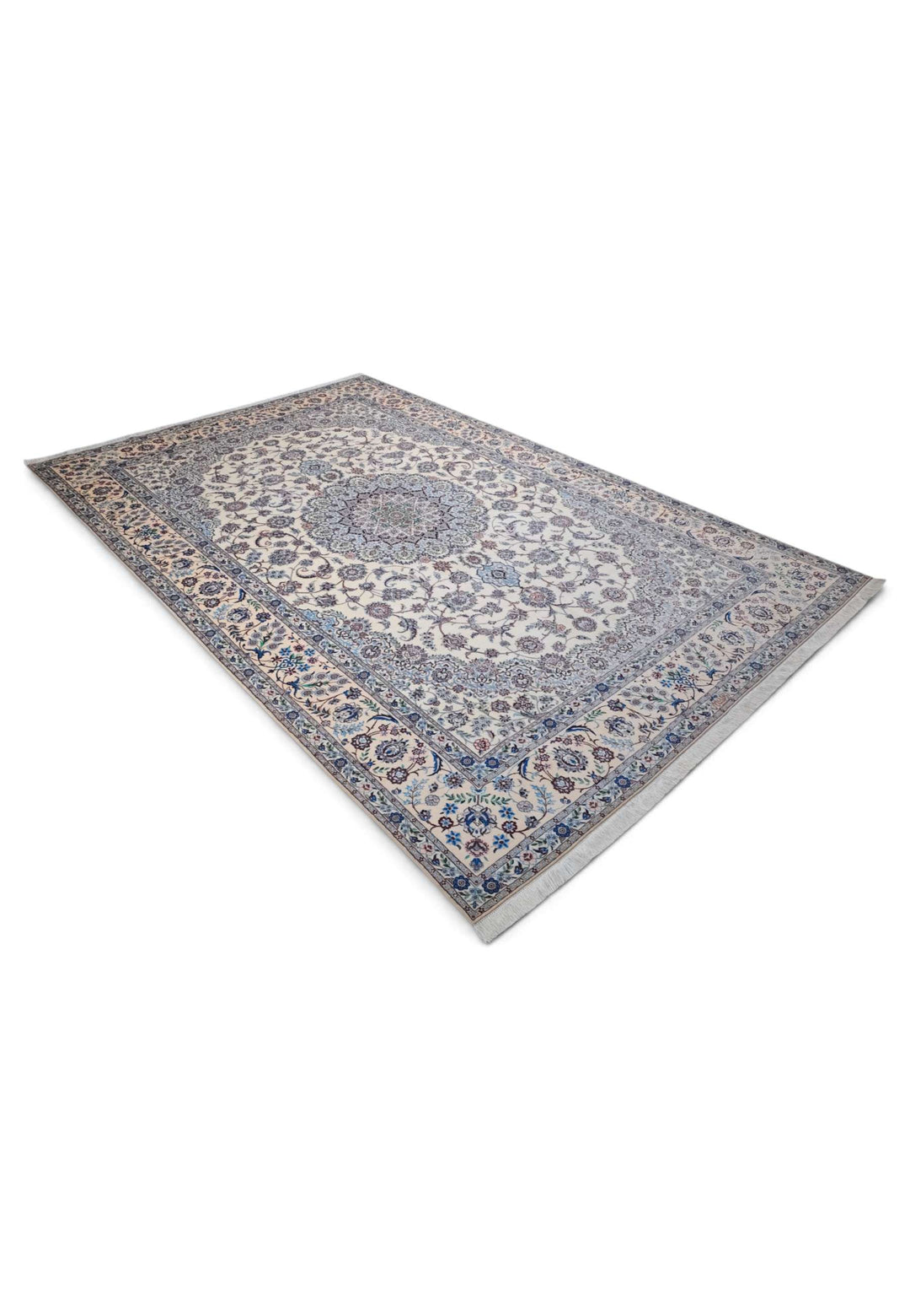 Ivory and blue bird border rug for a large living room, 4.5 tatami