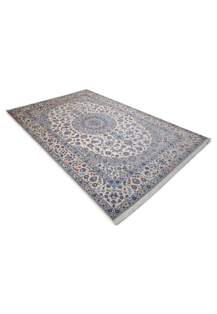 Ivory and blue bird border rug for a large living room, 4.5 tatami